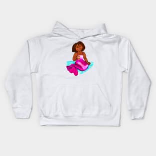 Little Magical rainbow mermaid has lost a tooth and got a coin from the tooth fairy, brown eyes, Afro hair in two puffs and caramel brown skin - light background Kids Hoodie